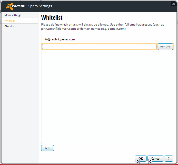 Avast Spam Settings Whitelist