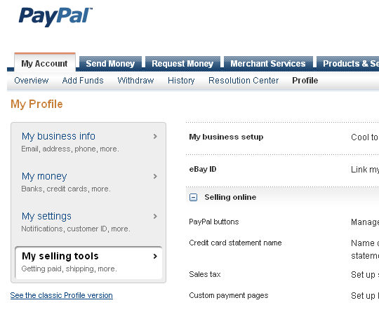 PayPal => My Account => Profile